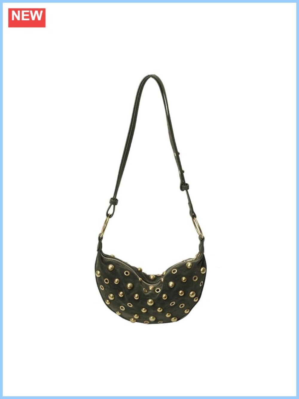 Faux Suede Studded Crescent Shoulder Bag Adjustable Strap Hobo Purse